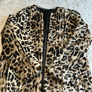 Faux fur cheetah leopard satin lined coat chain neck detail WORN ONCE